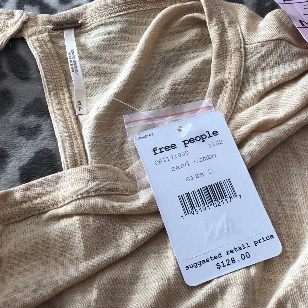 Free People Throwback Embroidered Volume Sleeve Top in Sand Combo Size S…